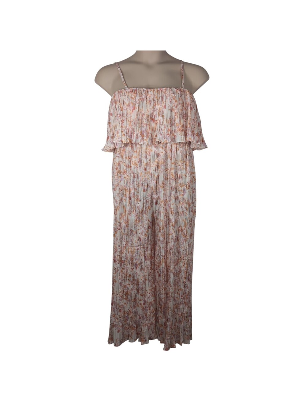 Kookaï Pleated Wide-Leg BOHO Jumpsuit Floral Print, Ruffled Overlay Small